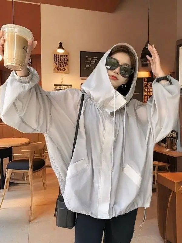 

plus Size Ultra-Thin Casual Outdoor Women's Jacket Loose Fit Summer Breathable Sun-Protective Coat Hooded Zipper Cardigan