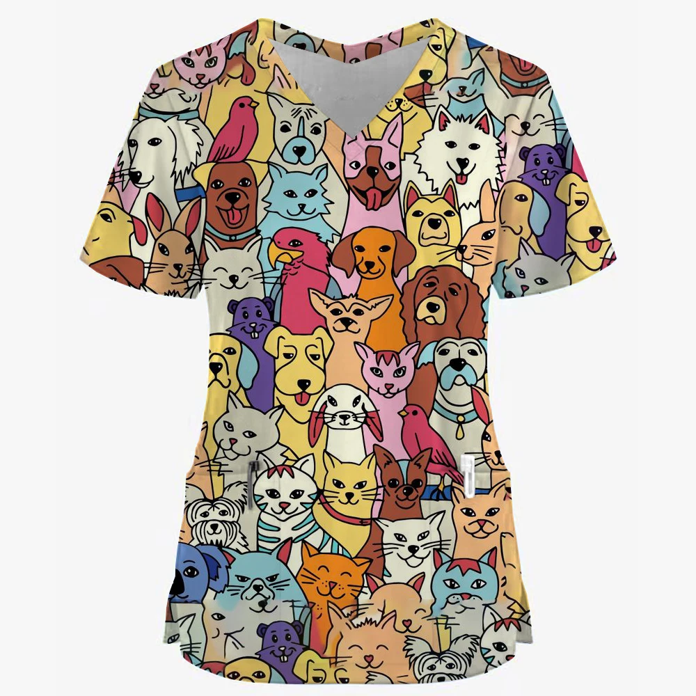 Uniformes quirúrgicos para mujer, Tops de manga corta con cuello en V, uniformes médicos para mujer, uniformes clínicos veterinarios, estampado de dibujos animados de cachorro bonito