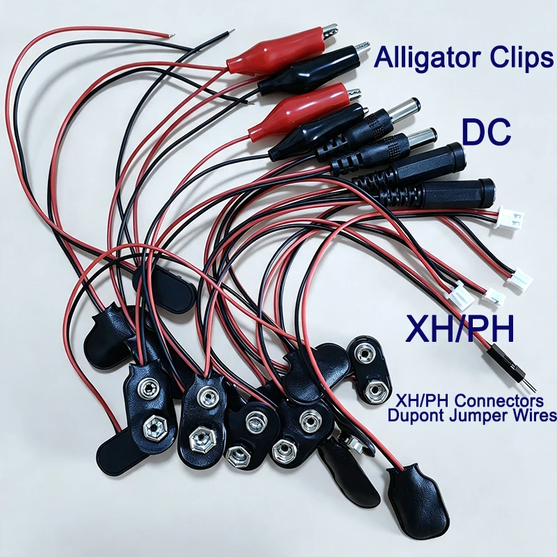 9V Battery Clip Connector Kit with Alligator Clips, DC 5.5x2.1mm, XH/PH & Jumper Wires for Arduino, Electronics Testing