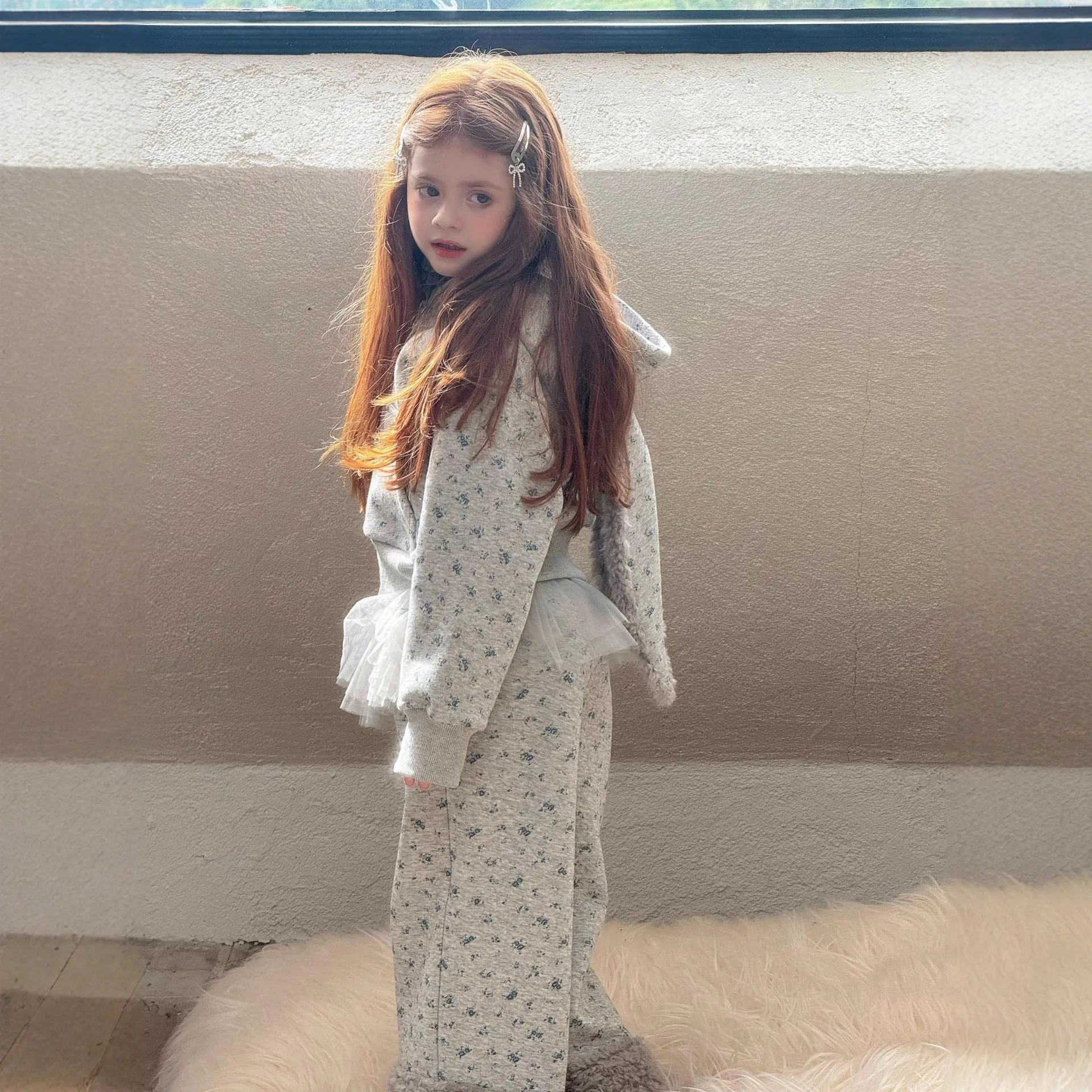 2025 شتاء جديد الكورية للأطفال الأزهار زائد المخملية سميكة 3 قطع مجموعة للفتيات أرنب مشعر الترفيه مجموعة #3