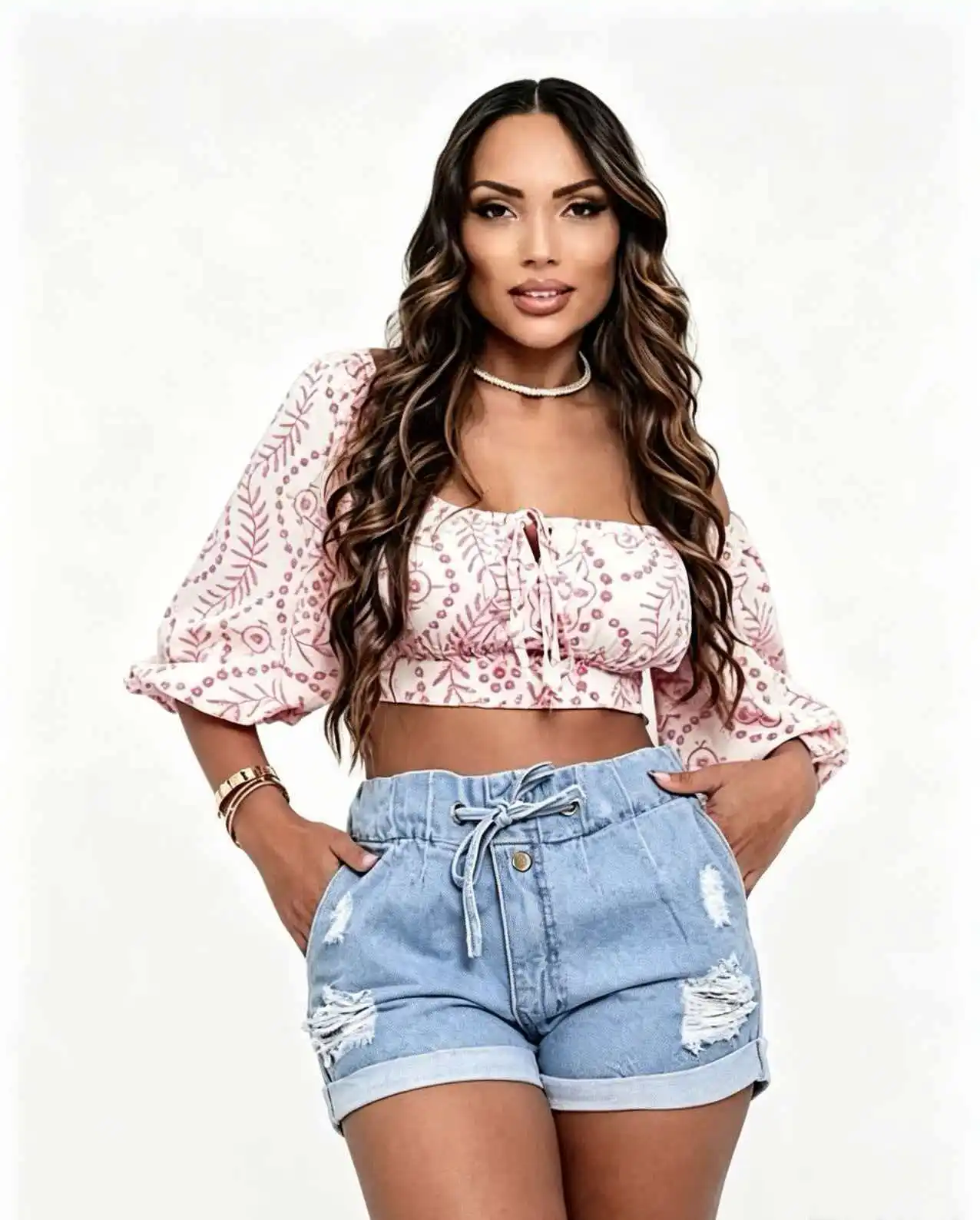 Light blue women's high-waisted ripped denim shorts with an elastic waistband and drawstring, cuffed hems