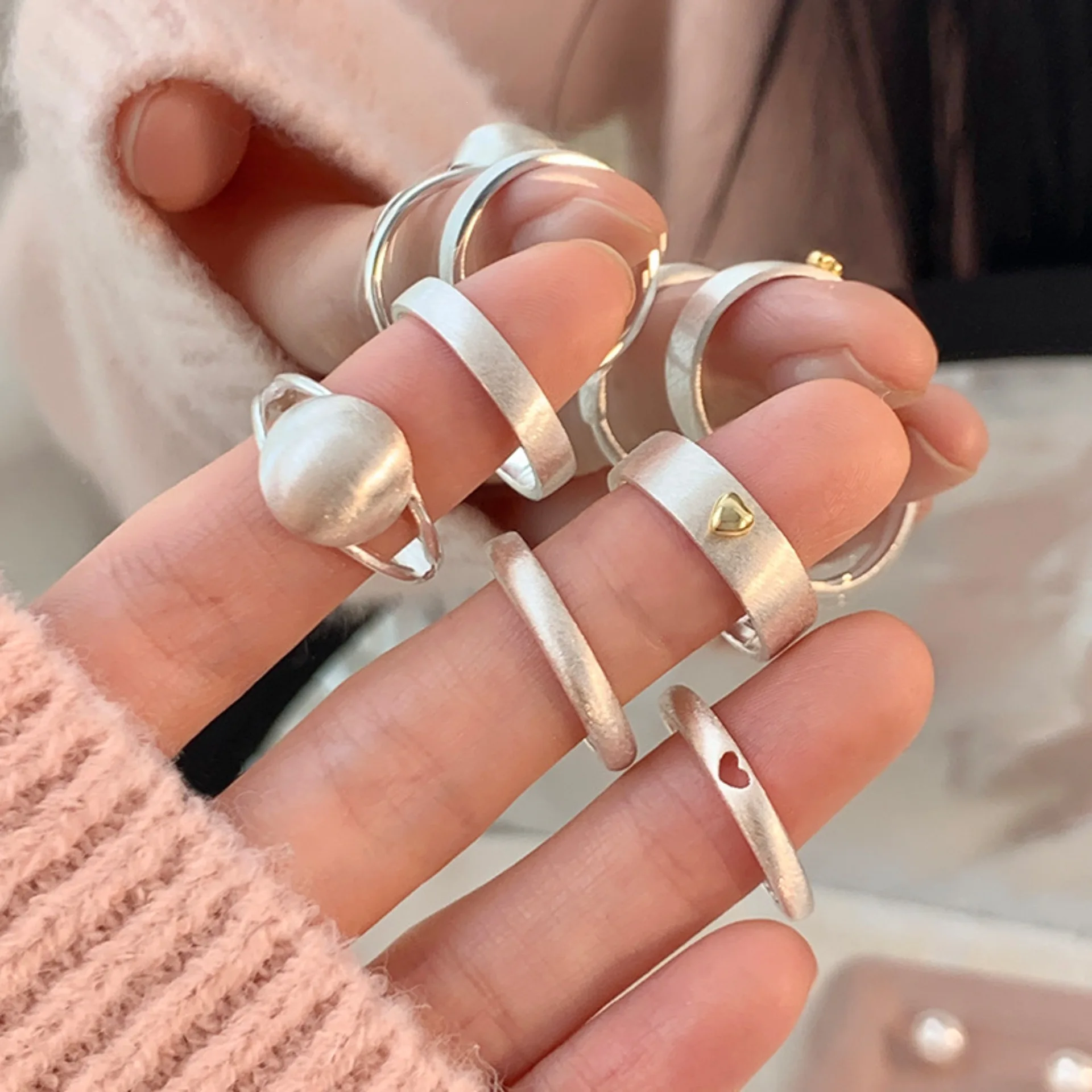 New in minimalist frosted heart-shaped rings for women daily Stacking style fashion ring adjustable charms party jewelry gift