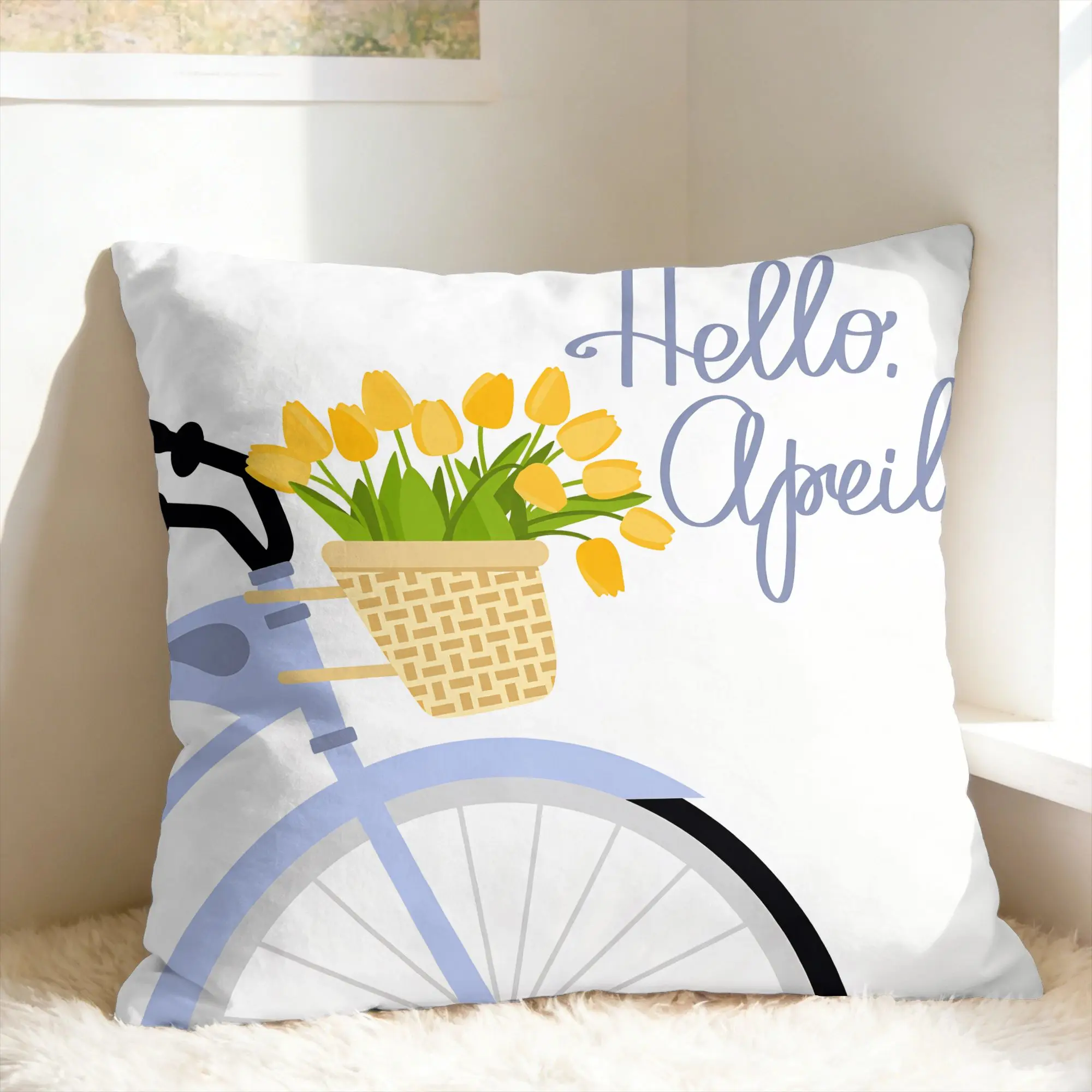 Yellow Tulip Bicycle And Hello Sunshine Pillow Cover  Graphic Cushion Cover Vintage Pillow Case For Wedding Party Home Decor