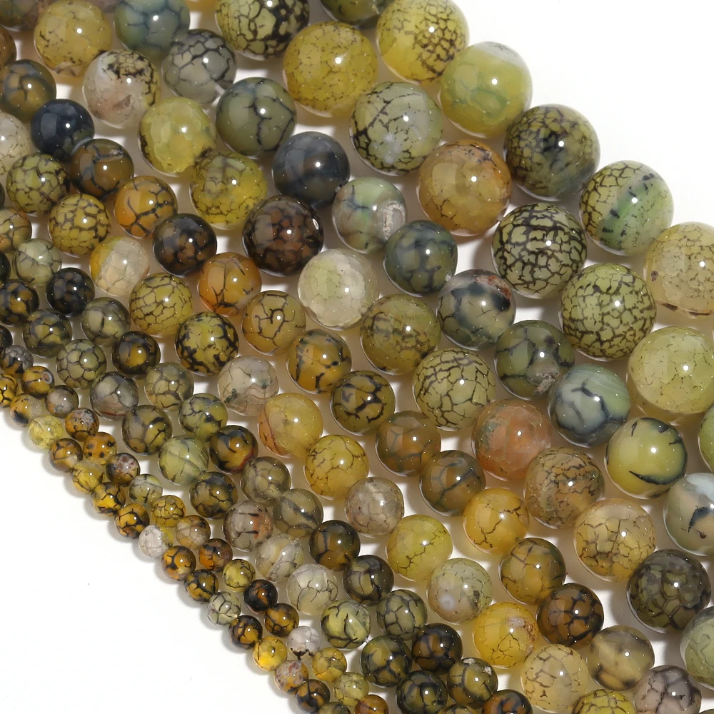 Yellow Color Dragon Veins Agates Stone Beads 4-12mm Natural Round Gemstone Bead for DIY Bracelets Necklace Jewelry Making Stuff