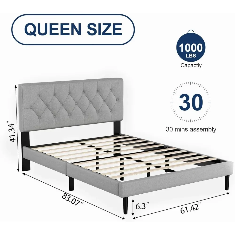 Size Platform Bed Frame with Upholstered Headboard, Button Tufted Design, No Box Spring Needed, Light Grey