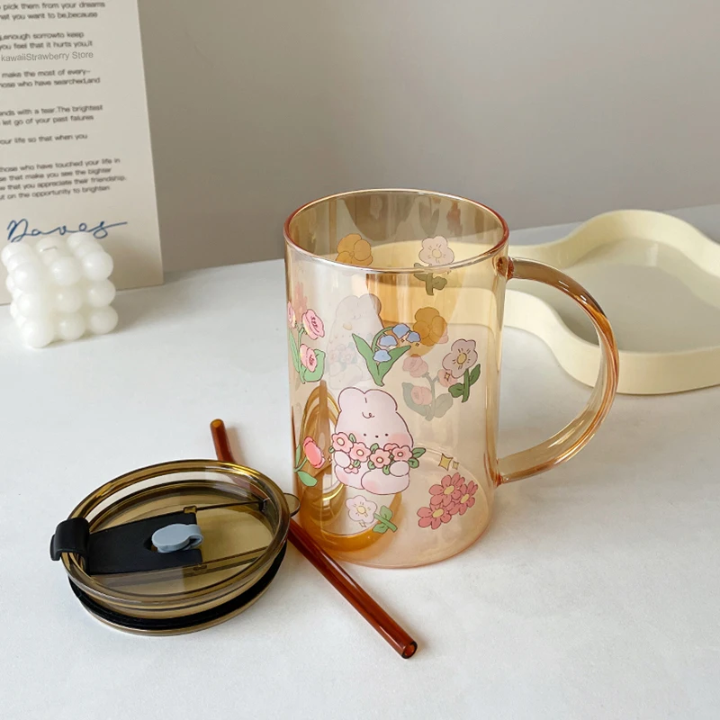 Cute Bunny Glass Cup With Lid Straw Kawaii Coffee Mugs Big Milk Beer Wine Drinking Glasses Korean Water Juice Cup Drinkware Gift