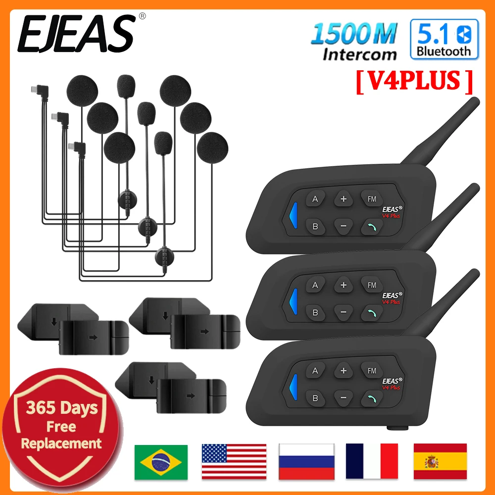 

3PCS EJEAS V4 Plus Motorcycle Helmet Bluetooth Intercom 4 Passenger Intercom Range 1500m Full Duplex Comunicador IP65 Waterproof