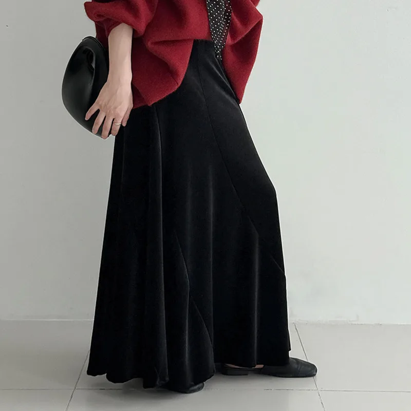 EAEOVNI Elegant Velvet Women's Skirt Solid Color High Waist A Line Folds Long Skirts Fashion 2025 Autumn Winter New Clothing