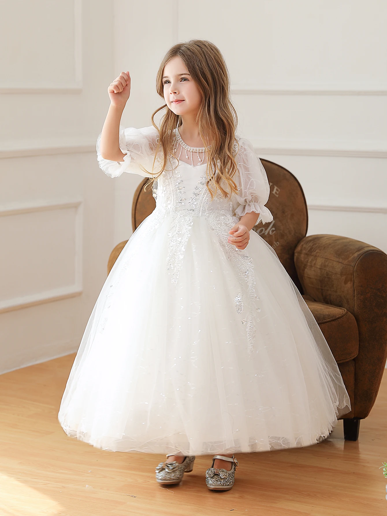 New Style Party  Dress Wedding Flower Frock  Bridal Ball Gown For Little Girl 7 Years