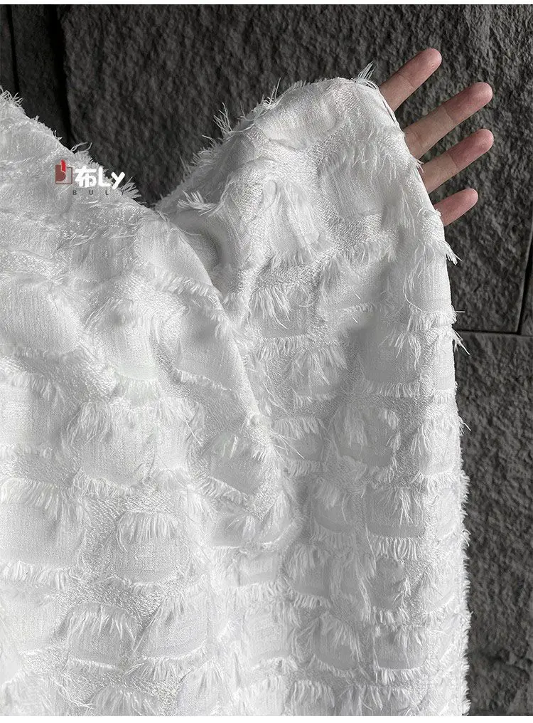White Tassel Feather Jacquard Fabric Geometric Lace High Quality For Coat Fashion Designer Upcycle Material