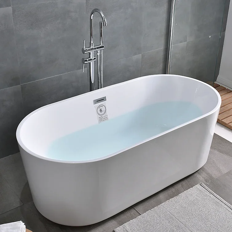 

GODI Classic Deep Soaking Oval Bathtub Alone Solid Surface Center Drain Glossy White Adult Acrylic Freestanding Bath Tub