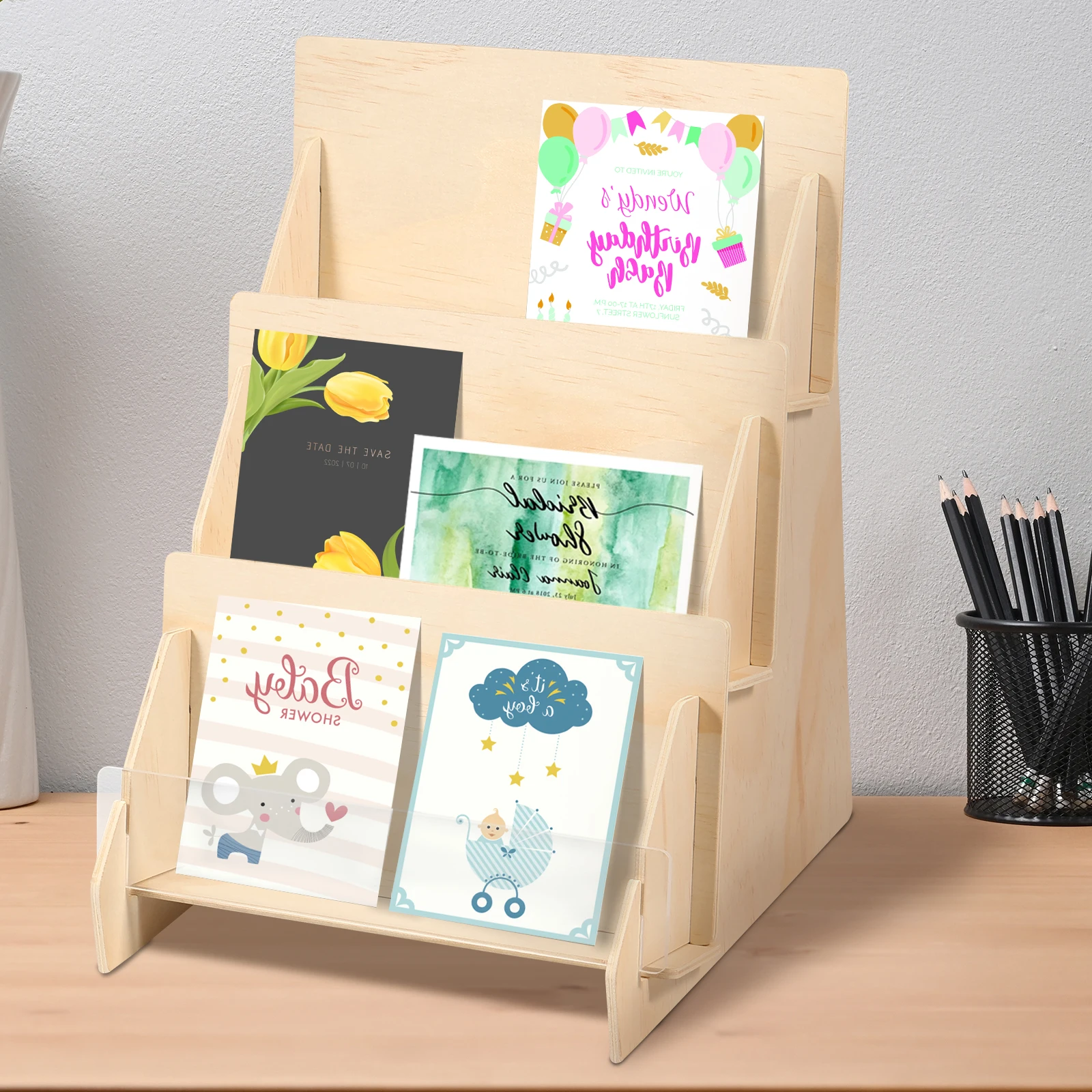 3-stufiger Kartenständer, Grußkartenständer aus Holz, Büro-Desktop, Zeitschriftenbuch, Postkarte, Broschüre, Foto-Aufbewahrungsregal