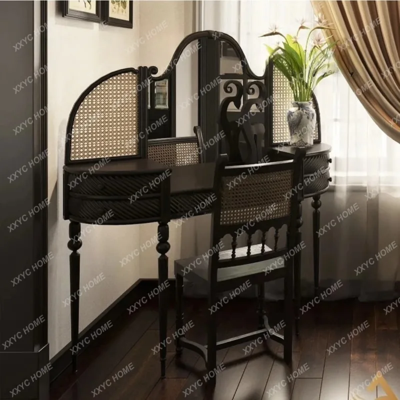 XX  retro rattan solid wood dresser multi-functional small apartment bedroom makeup table home customization