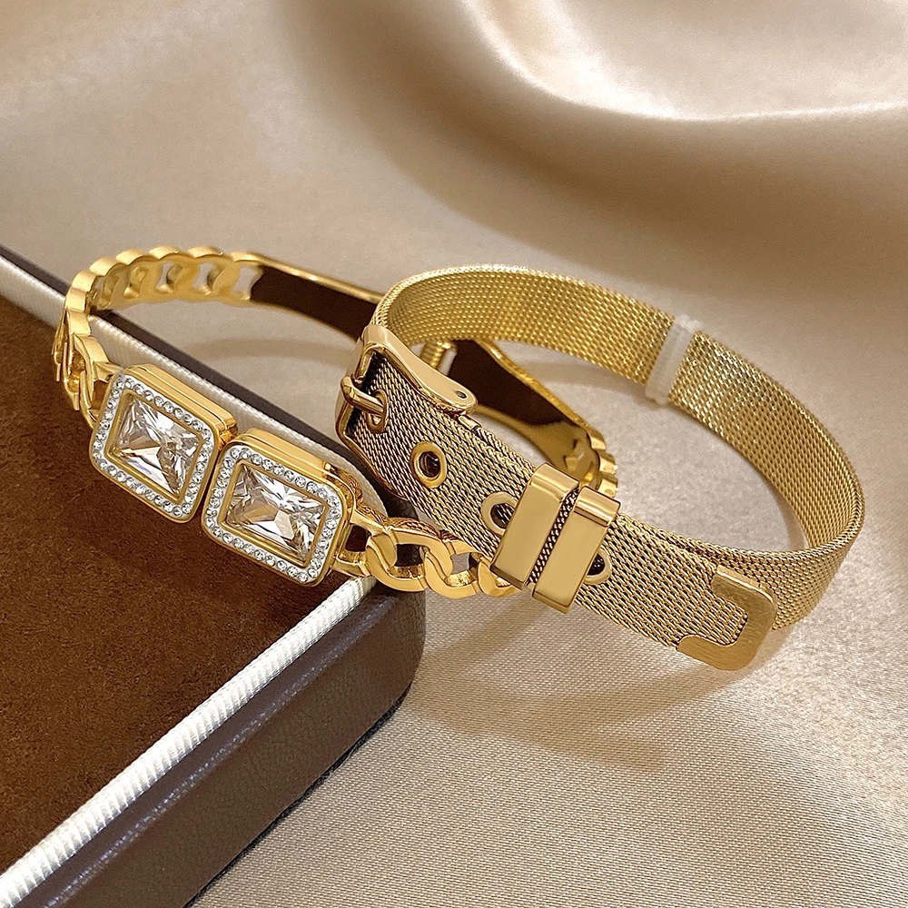 Luxury Square Zircon Chain Bangle Set for Women Gold Plated Stainless Steel Watch Strap Bracelet Adjustable Statement Jewelry