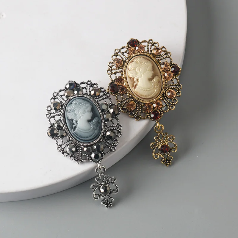 Strass de cristal vitoriano cameo broches vintage para mulheres camafeu da rainha beleza cabeça broche pino roupas accessor