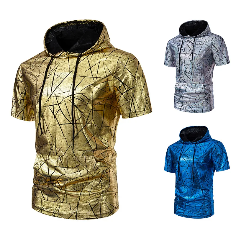 2024 New Men's Clothing 70s Disco Hot Stamping Print European Size Sports Hooded Short Sleeved T-shirt Top Trend