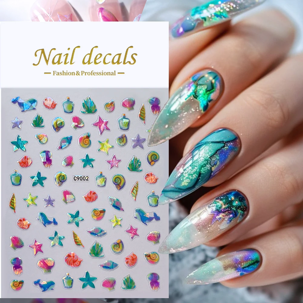 1Sheet 3D Beach Summer Colorful Seasnail Shell Nail Art Stickers Soft Relief 3d Laser Nail Decal Adversived Holiday Shell Slider