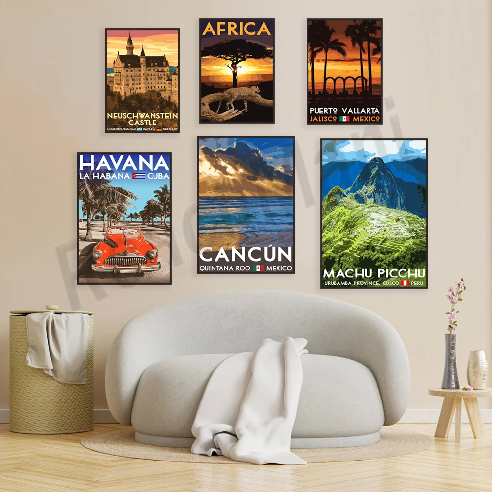 Cancun, Machu Picchu, Zakynthos Island, Austria, Neuschwanstein Castle, Cook Islands, Yucatan Peninsula, Africa travel posters