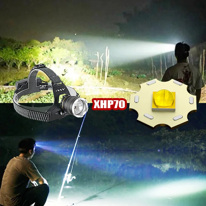 5000LM XHP70 Powerful LED Headlamp Long Range 2*18650 Headlight Rechargeable Head Flashlight High Power HeadLamp Fishing Light