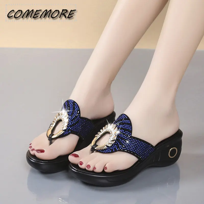 Retro Ladies Slippers Summer New Platform Wedge Rhinestones Flip-flops Sandals Fashion Comfy High Thick Heel Slippers for Women