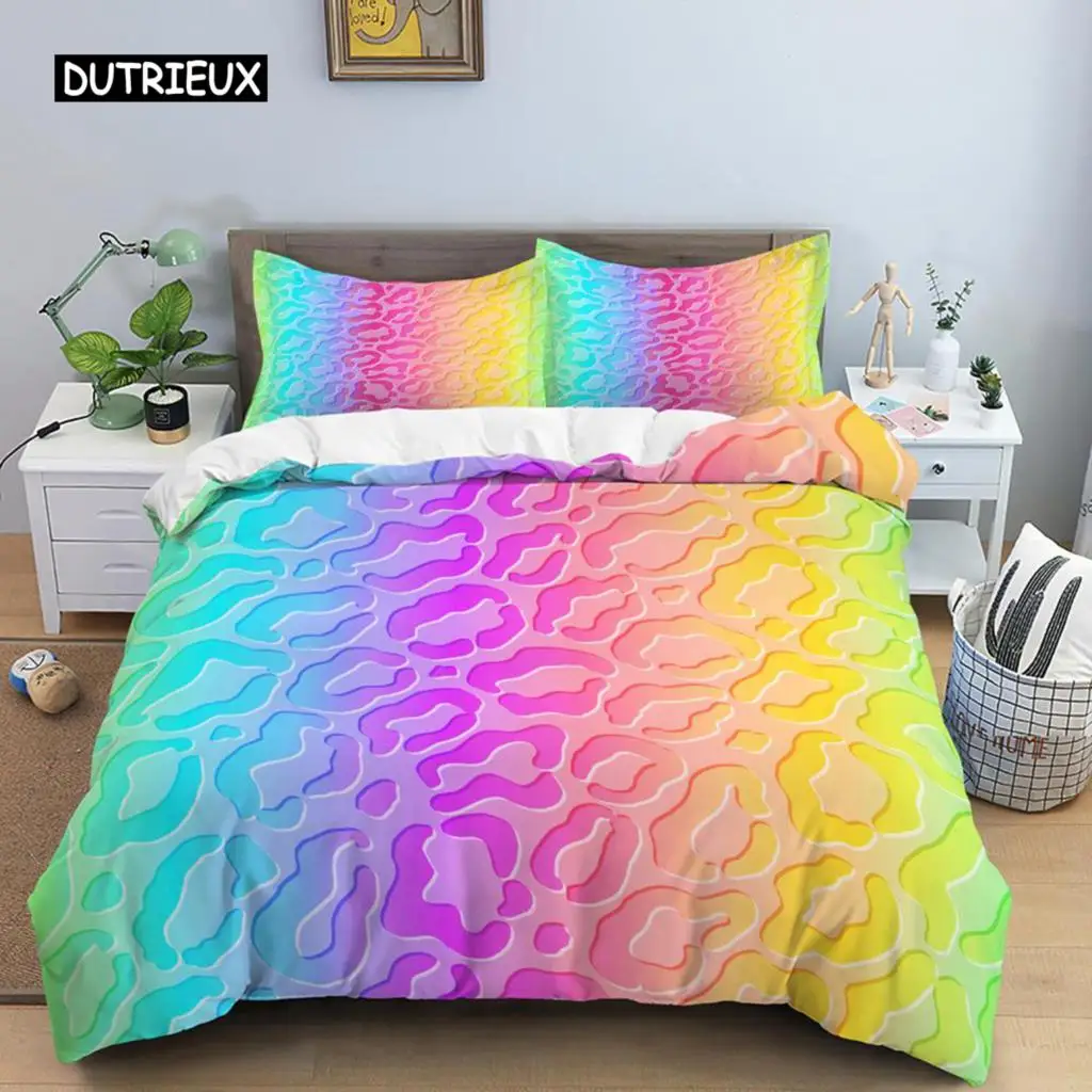 Leopard Print Duvet Cover Set Rainbow Leopard 3D Print King Queen Size Comforter Cover for Kid Girls Gifts Polyester Quilt Cover