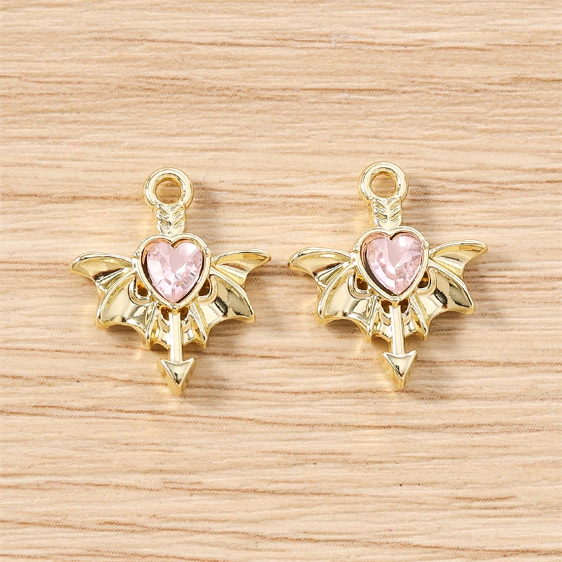 5 Stück 15 x 17 mm niedliche Kristall-Metall-Herz-Flügel-Charms-Anhänger für die Herstellung von Halsketten, Ohrringen, Armbändern, DIY-Handwerk, Schmuckzubehör – Detail 6