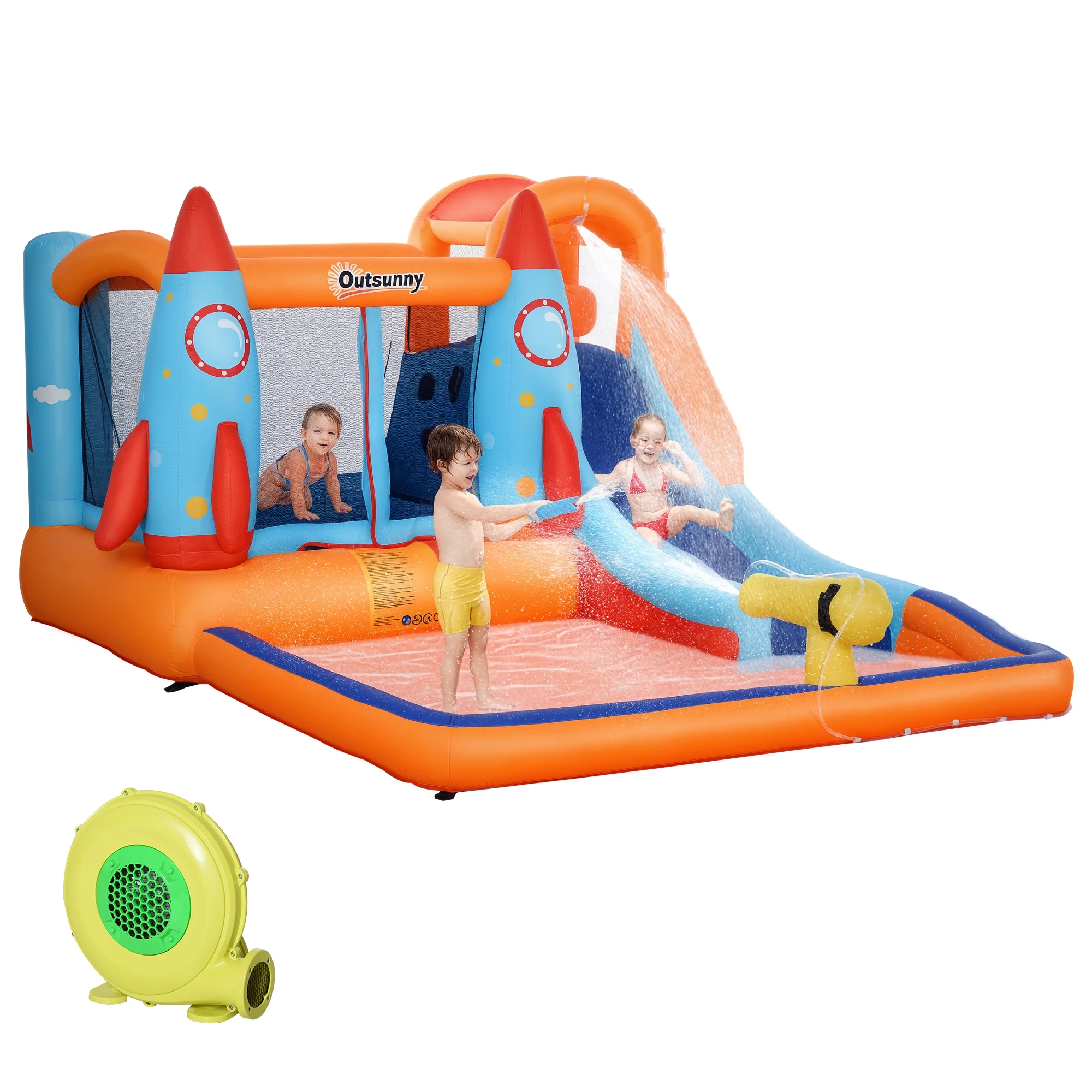 Immagine 3: Outsunny Castello Gonfiabile per Bambini 5 in 1 con Scivolo, Trampolino, Piscina, Parete da Arrampicata e Pistola ad Acqua, Gioco Gonfiabile per 4 Bambini 3-8 Anni, 350x250x185 cm