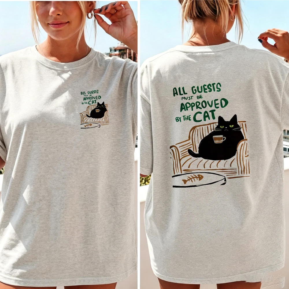 Women All Guests Must Be Approved By The Cat Sofa Coffee Black Cat Tshirt Lazy Kitty Fishbone Cartoon Cotton Cat Owner Humor Top