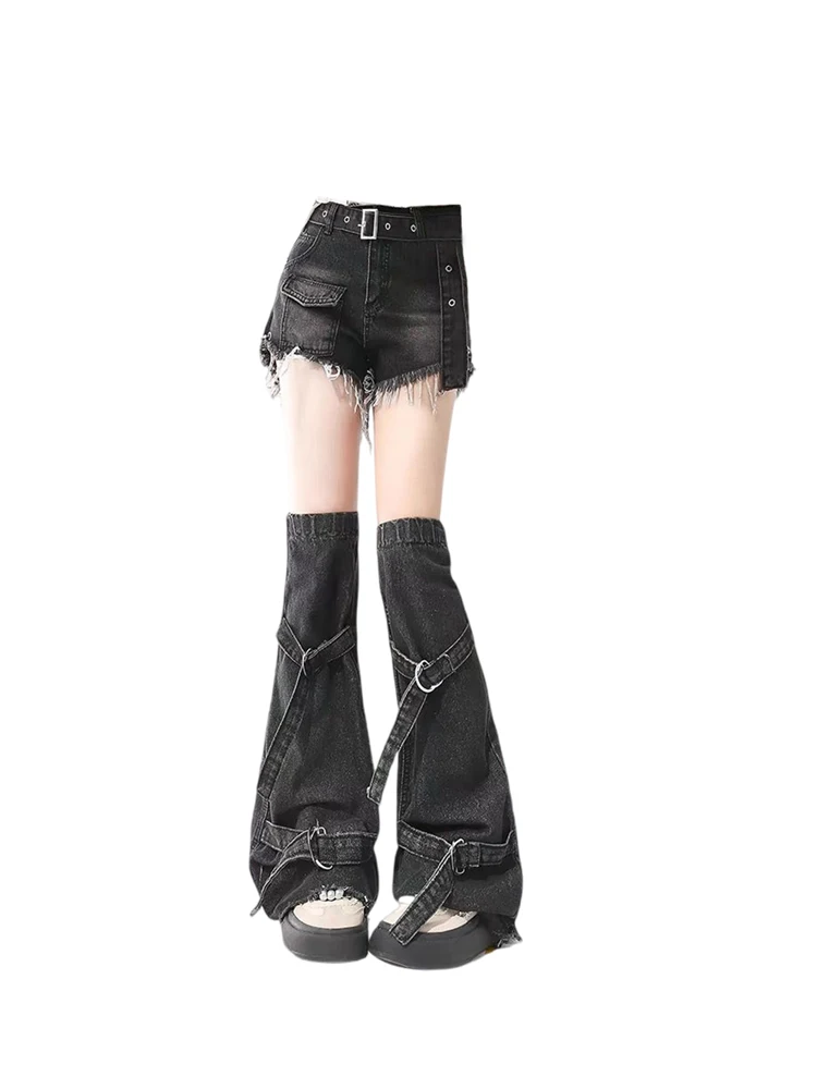 Shorts jeans gótico preto feminino, mini shorts jeans estilo coreano vintage com cobertura de perna, calças curtas Harajuku Y2k, roupas de verão