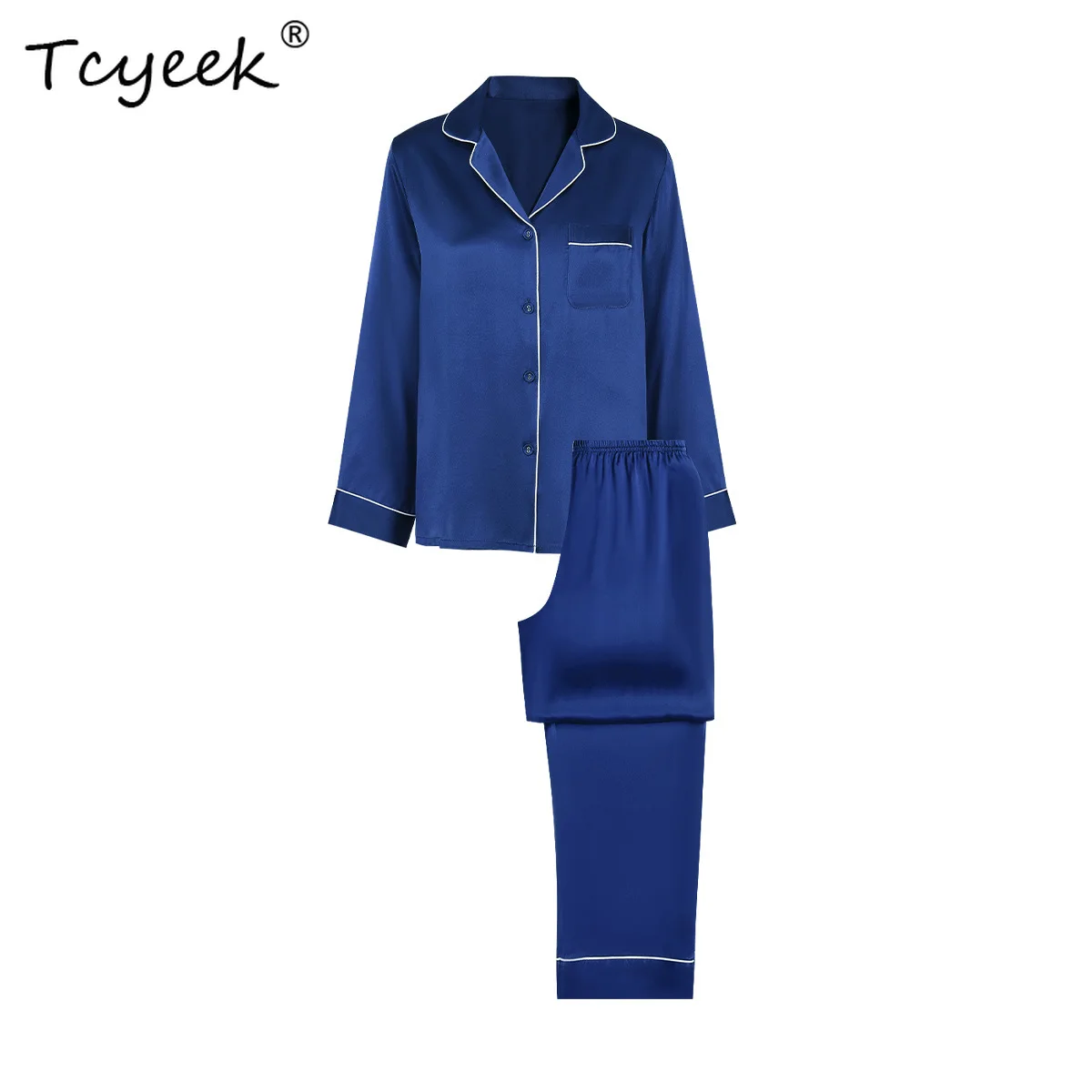 

Tcyeek 16MM 100%Mulberry Silk Pajama Set Women's Solid Lapel Long Sleeve Pants Basic Comfortable Loungewear Spring S3D995QD