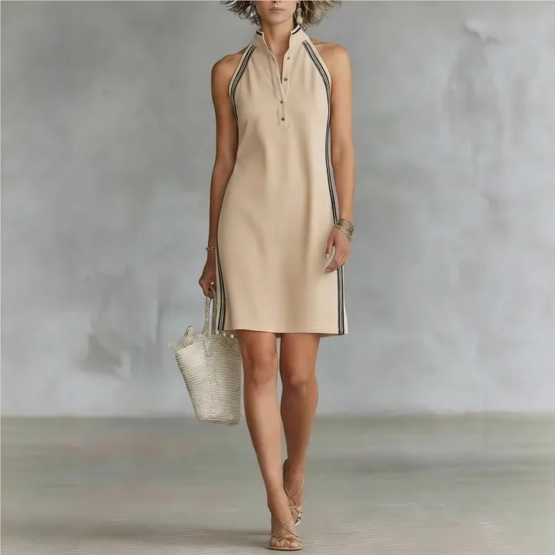 

Summer Casual Simple Style Women's Mini Dress Fashion Color Blocked Stand Up Collar Sleeveless Dresses Elegant Vestidos For Lady