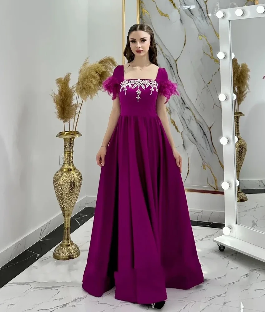 

Customized Graceful Jersey A-Line Feathers Crystal Evening Dress Fashion Short Sleeves Square Neck Floor Length prom dresses