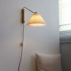 LED Wood Wall Lamp with Plug Reading Lamp Rotary Pleated Bedroom Headboard Socket Type in The Study Cable-free Rocker Arm Lamp