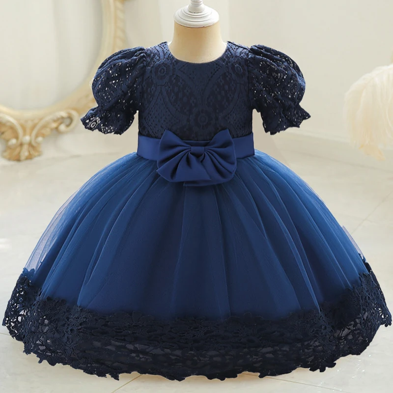 Toddler Bow Baby Girls Party Dresses Short Sleeve Lace 1st Birthday Flower Princess Kids Dress for Girls Wedding Evening Costume