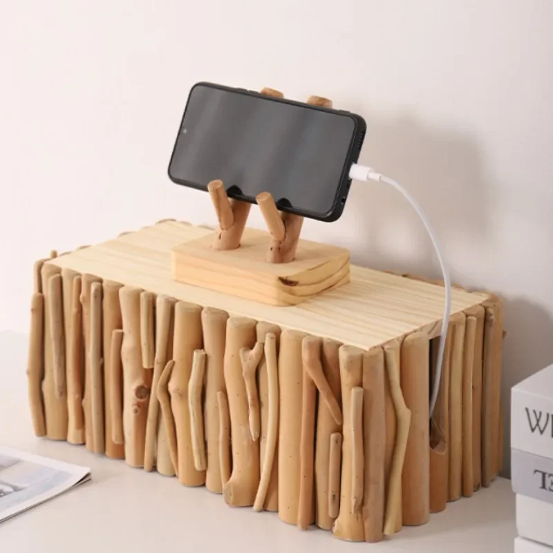 Minimalist Power Strip Storage Box Solid Wood Organizer Branch-Shaped Design Sturdy Durable Construction Home Storage Solution