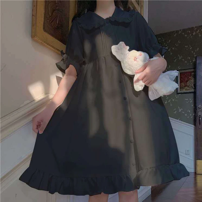 

Black Lolita Dress for Women, Puff Sleeve, Ruffles, Lolita, Japanese Style, Peter Pan Collar Clothes, Preppy School Girl, Kawaii