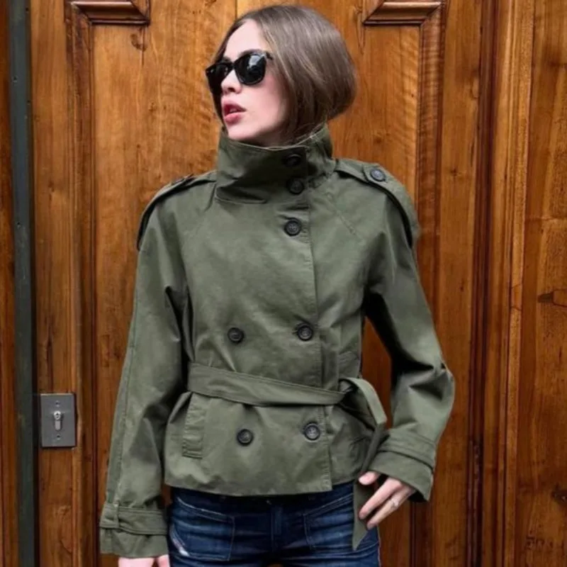 Womens Fall Double Breasted Belted Solid Color Long Sleeve Cropped Trench Coat New Trendy Chic Elegant Outerwear Classy Fashion