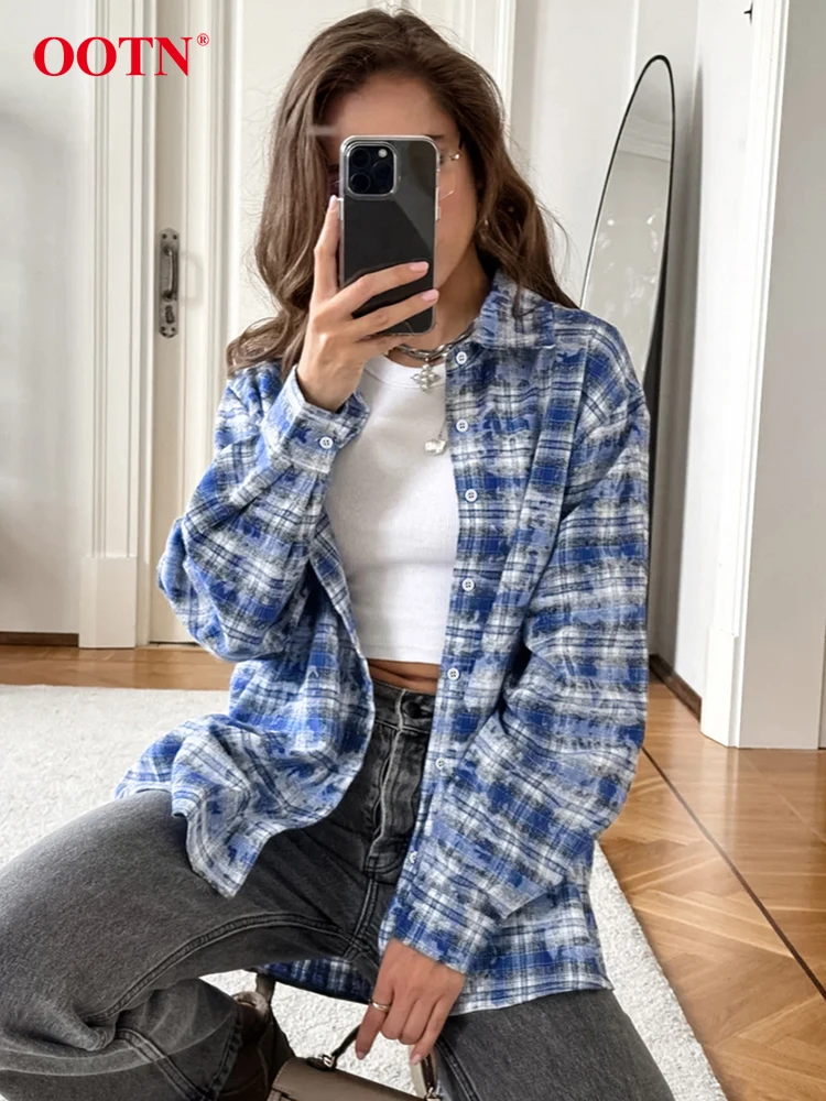 OOTN Vintage Print Plaid Shirts Female 2024 Fashion Street Long Sleeve Blouse Women Spring Casual Turn Down Collar Ladies Tops