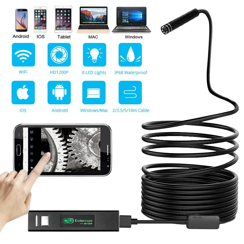 1200P WiFi Endoscope Camera Waterproof Inspection Snake Mini Camera USB Industria Borescope Car for Iphone Android Smartphone