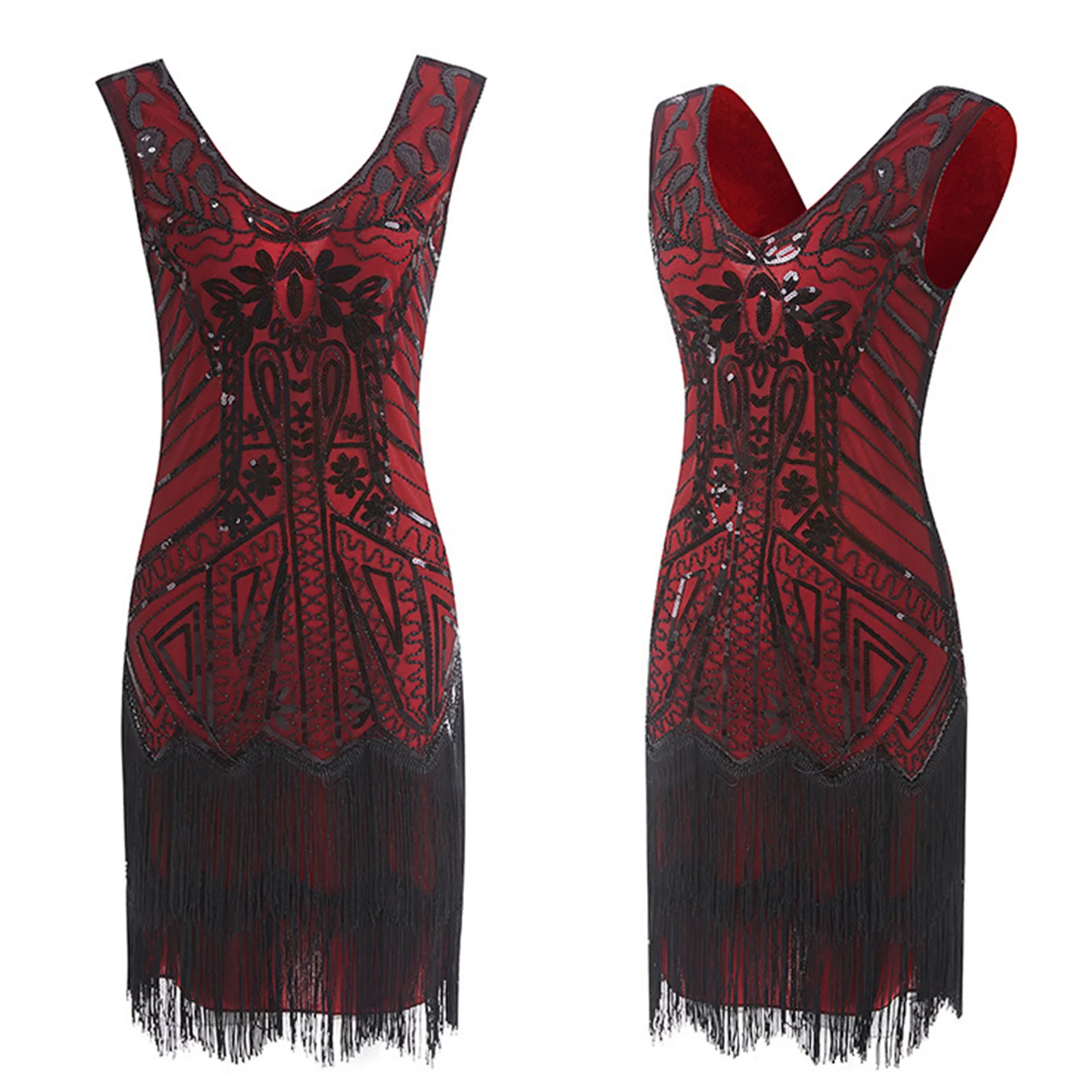 Damen 1920er Jahre Spitzen hals Gret Kleid Pailletten Art Deco Flapper Kleid mit Ärmel Vestidos Pailletten Perlen Fransen Party kleid ärmel los