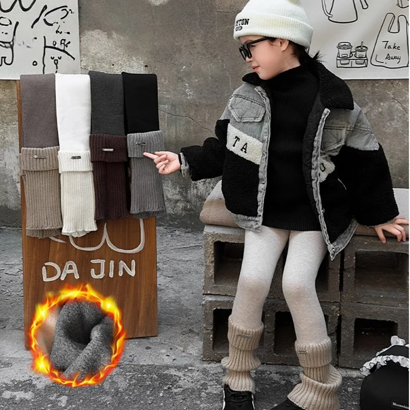 2025 Autumn Winter Girls Leggings Fleece Lined Leg With Warmer Spliced Tights Vertical Stripe Color Block Thickened Pants