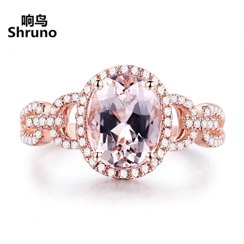 Shruno Solid 14k Rose Gold 9x7mm Oval Cut 2CT Genuine Morganite Engagement Real Natural Diamonds Gorgeous Wedding Ladies Ring