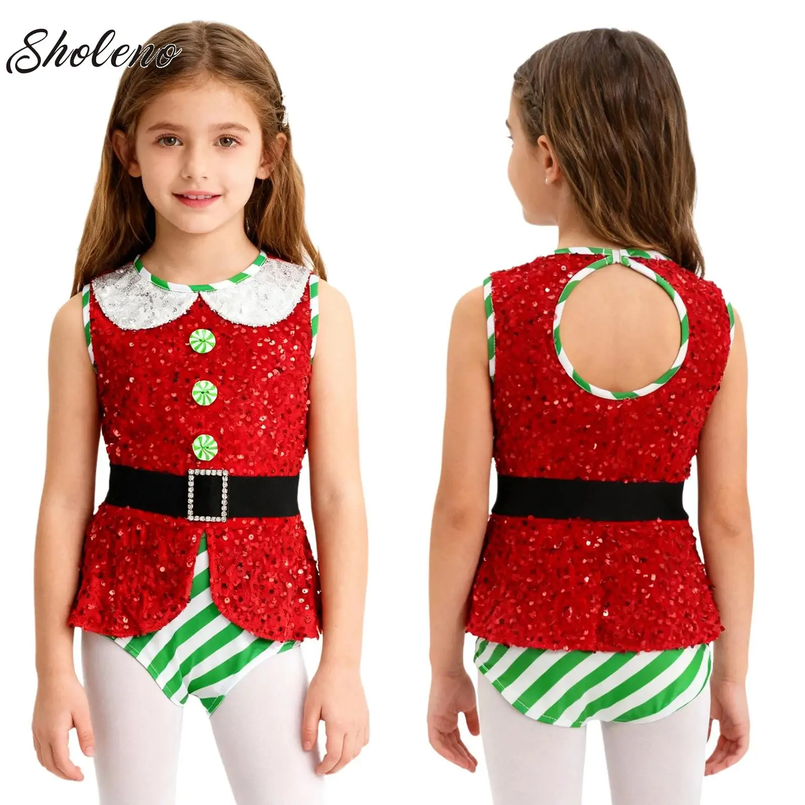 

Kids Girls Jazz Ballet Dance Sequins Bodysuit Jumpsuit Unitard Sleeveless Candy Cane Christmas Holiday Santa Sweetie Costume