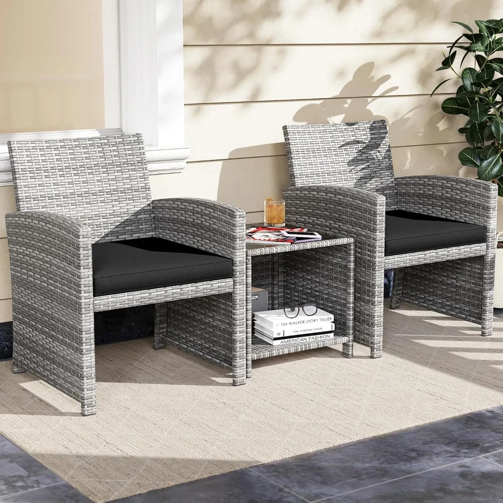 

3 Piece Patio Furniture Set, Outdoor Wicker Patio Chairs with Cushions & Storage Table, PE Rattan Bistro Set, Customized