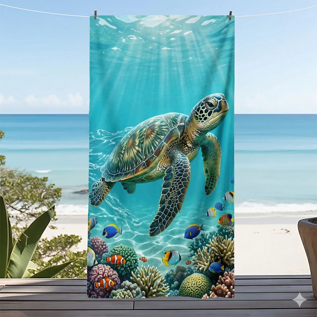 Underwater Sea Turtle Quick Dry Beach Towel for Swimmers Bath Pool Travel Blanket Coral Reef Colorful Fish Print Soft Bath Towel
