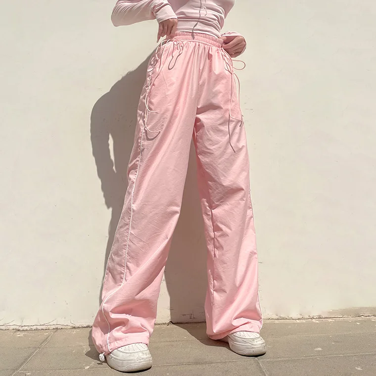 

Cargo Pants Pink Drawstring Women Streetwear Fashion Pockets Summer Sweatpants Loose Pants Baggy Straight Bound Feet Trousers