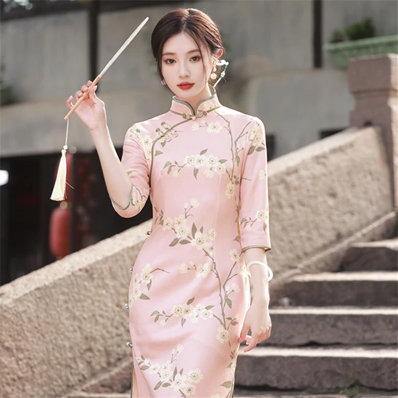 Elegant Print Qipao Chinese Style Costume Suede Fabric Long Cheongsam Stand Collar Mid Sleeve Side Slit Slim Fit Dress for Women