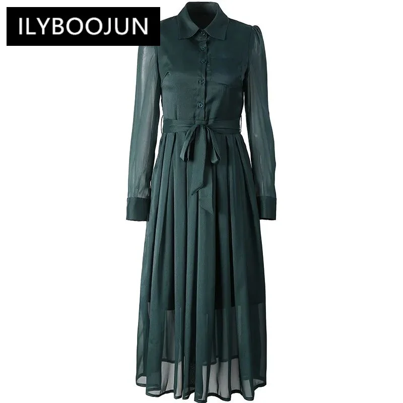 

Autumn Winter Women's Dress Turn-down Collar Single-breasted Lace-up Long-sleeved Pleated Dresses 2024 Luxury Brand