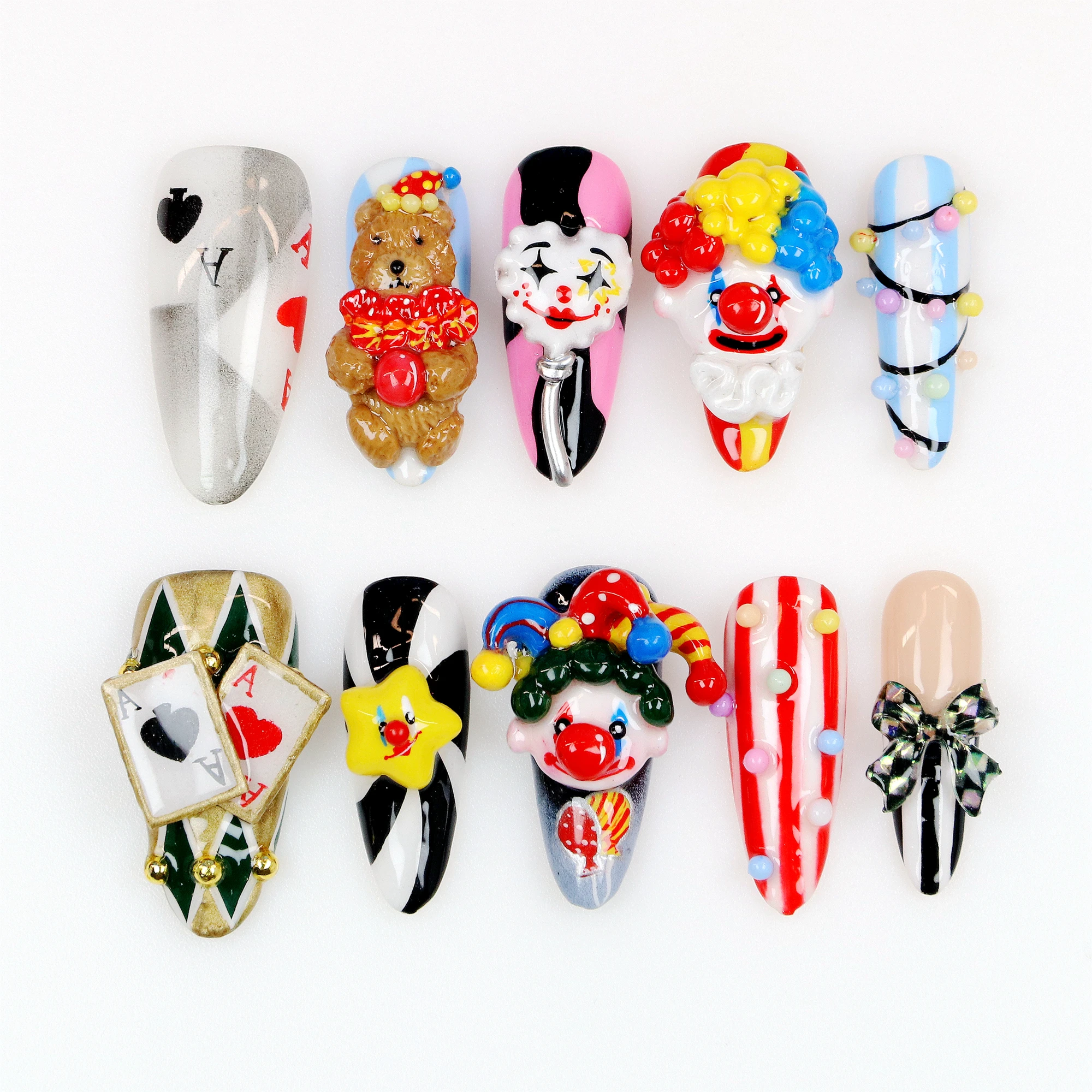 

10 шт. 3Dl ручной работы для маникюра на ногтях, клоун, акриловая поддельная ручная роспись, индивидуальный дизайн, набор клейких пилочек для ногтей ко Дню всех святых