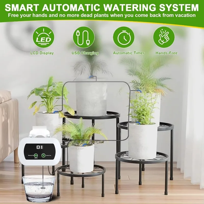 Automatic Plant Watering System, Automatic Drip Irrigation Kit with Digital Programmable Timer, LCD Display and Power Supply